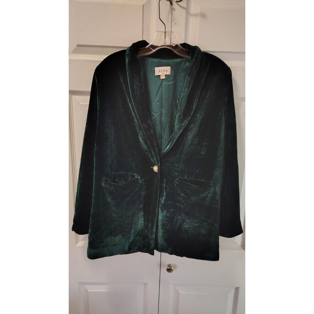 AURA Dark Emerald Green Velvet Blazer Jacket Small S Pearl Button Shawl Lapel